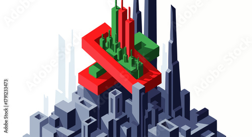 Isometric stock market illustration featuring candlesticks and a city skyline, symbolizing financial trends and investment opportunities in an urban landscape.