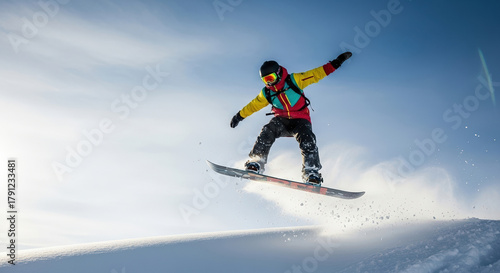 Snowboarder performing a jump on a snowy slope under blue sky  