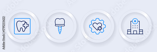 Set line Hospital building, Heart with cross, Dental implant and clinic location icon. Vector