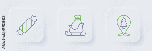 Set line Christmas tree, santa claus sleigh and Candy icon. Vector