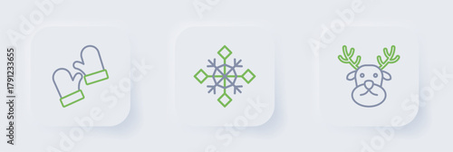Set line Reindeer, Snowflake and Christmas mittens icon. Vector