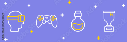 Set line Award cup, Bottle with magic elixir, Game controller or joystick and Virtual reality glasses icon. Vector