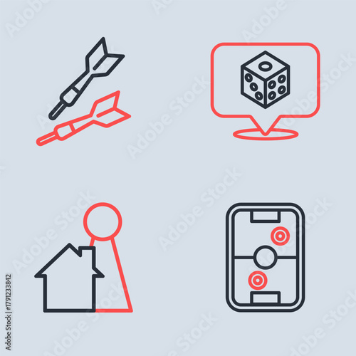Set line Game dice, Chip for board game, Air hockey table and Dart arrow icon. Vector