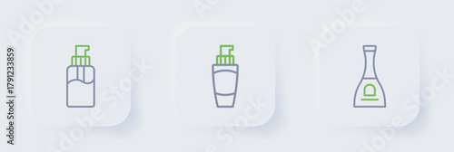 Set line Bottle of nail polish, Tube hand cream and liquid soap icon. Vector