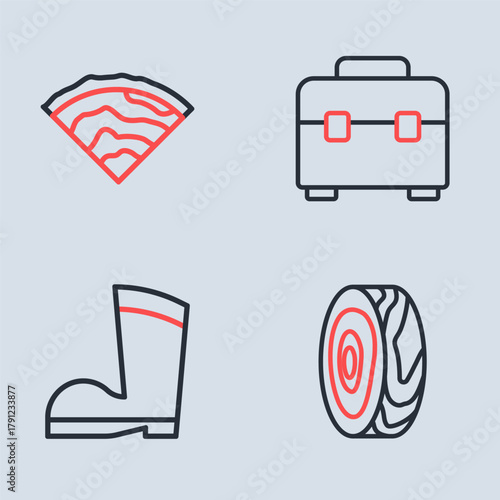 Set line Toolbox, Waterproof rubber boot, Tree rings and Wooden beam icon. Vector