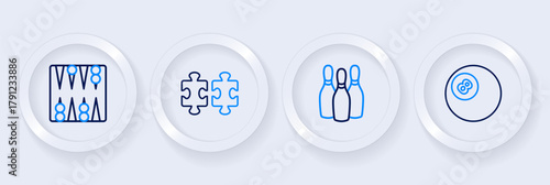Set line Billiard pool snooker ball, Bowling pin, Puzzle pieces toy and Backgammon board icon. Vector