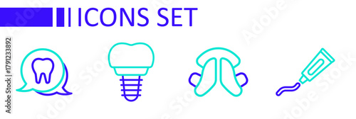Set line Tube of toothpaste, Dental plate, implant and Tooth icon. Vector