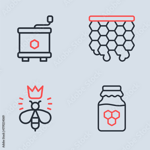 Set line Honeycomb, Queen bee, Jar of honey and extractor icon. Vector
