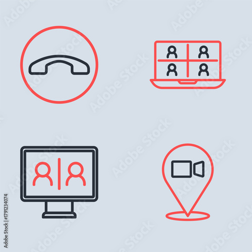 Set line Video chat conference, and Telephone handset icon. Vector
