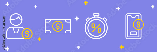 Set line Mobile with dollar, Stopwatch percent discount, Stacks paper money cash and Buyer icon. Vector