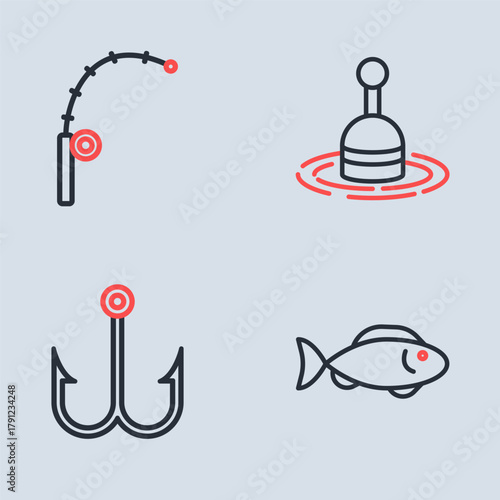 Set line Fishing float in water, and rod icon. Vector