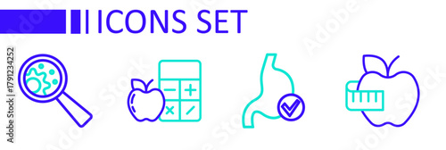Set line Apple and measuring tape, Human stomach health, Calorie calculator and GMO icon. Vector