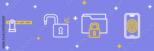 Set line Mobile with fingerprint scanner, Folder and lock, Open padlock and Parking car barrier icon. Vector