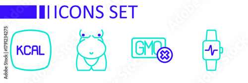 Set line Smart watch with heart, No GMO, Obesity and Kcal icon. Vector