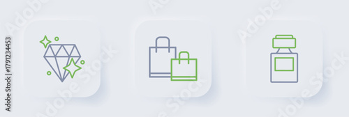 Set line Perfume, Paper shopping bag and Diamond icon. Vector