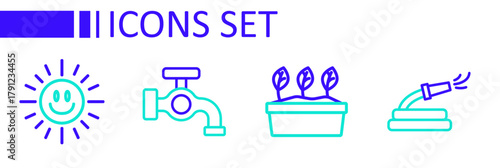 Set line Garden hose, Plant in pot, Water tap and Sun icon. Vector
