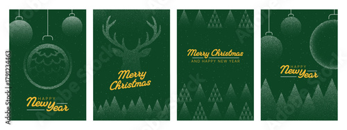 Four christmas and Happy New Year card or poster of winter elements, a deer, ornaments and trees. Festive holiday season greetings for celebration