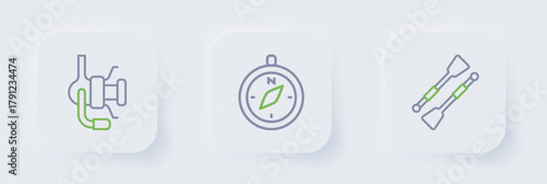 Set line Oars or paddles boat, Compass and Spinning reel for fishing icon. Vector