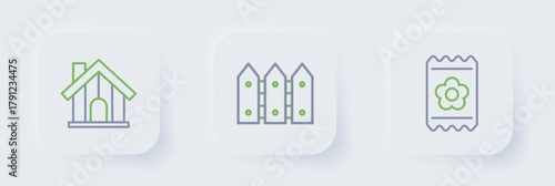 Set line Pack full of seeds, Garden fence wooden and Farm house icon. Vector