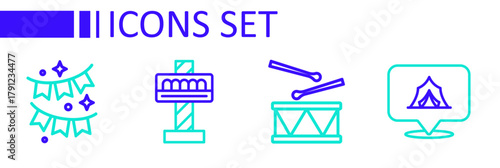 Set line Circus tent, Drum with drum sticks, Attraction carousel and Carnival garland flags icon. Vector