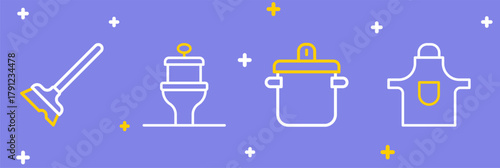 Set line Kitchen apron, Cooking pot, Toilet bowl and Mop icon. Vector