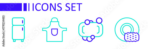 Set line Washing dishes, Bar of soap, Kitchen apron and Refrigerator icon. Vector