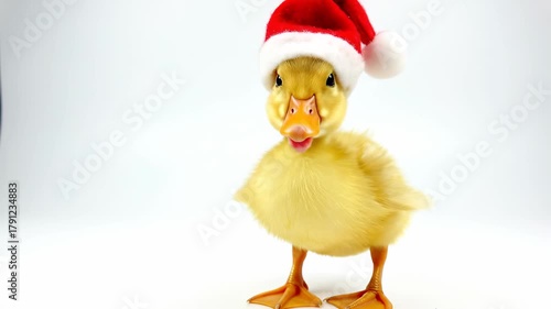 Duckling Wearing Santa Hat on White Background