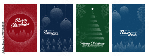Four festive christmas vector greeting card designs with dot pattern, including abstract trees, ornaments, snowflakes for winter holiday celebration.