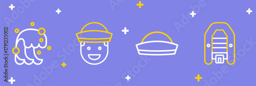 Set line Inflatable boat with motor, Sailor hat, and Tsunami icon. Vector