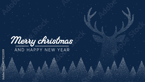 Horizontal vector Merry Christmas and Happy New Year greeting card with dotted reindeer and abstract Christmas tree pattern on dark blue background.