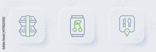 Set line Cafe and restaurant location, Soda can and Lunch box icon. Vector
