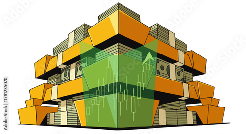 A powerful visual metaphor illustrating financial growth and wealth accumulation, represented by a towering structure of gold and money with an upward trending chart.