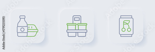 Set line Soda can, Coffee cup to go and Online ordering food icon. Vector