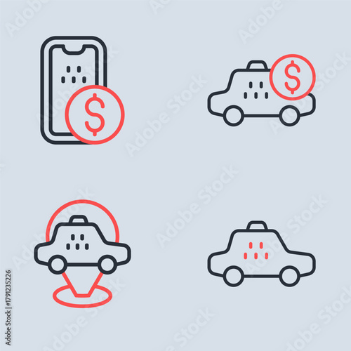 Set line Taximeter device, Location taxi car, and Mobile banking icon. Vector