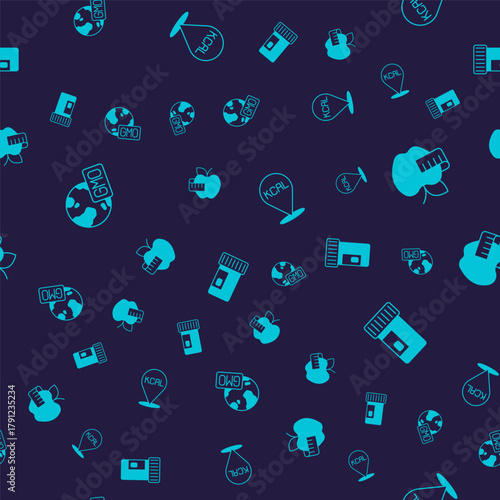 Set GMO, Apple and measuring tape, Kcal and Vitamins on seamless pattern. Vector