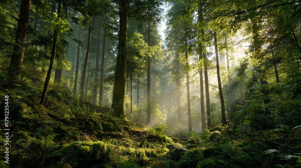 Obraz premium Harmony with Nature — Sun Rays in a Dense Forest