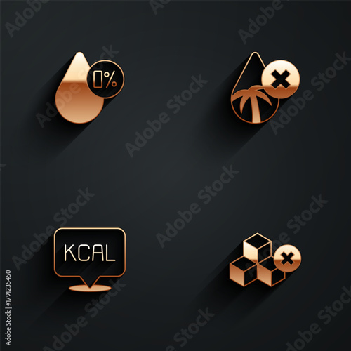 Set Water balance, Palm oil free, Kcal and No sugar icon with long shadow. Vector