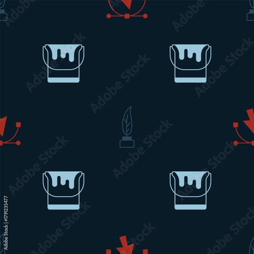 Set Bezier curve, Feather and inkwell and Paint bucket on seamless pattern. Vector