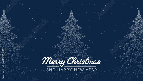 Winter night forest with starry sky and Merry Christmas and Happy New Year text. Holiday greeting card design.