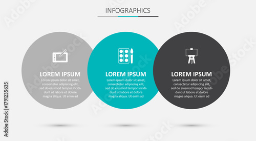 Set Watercolor paints in box, Graphic tablet and Wood easel. Business infographic template. Vector