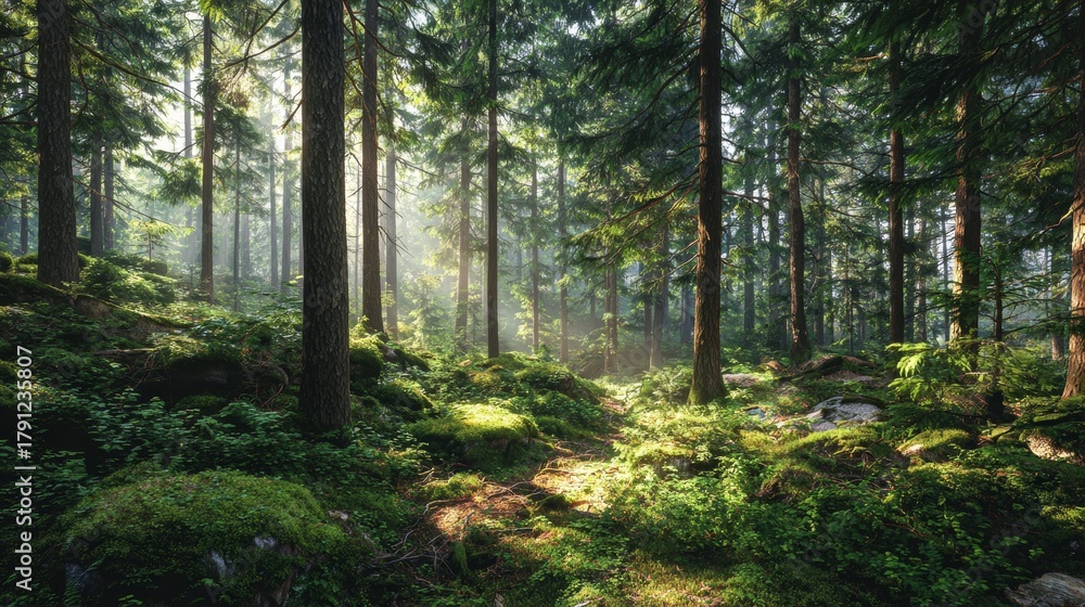 Fototapeta premium Harmony with Nature — Sun Rays in a Dense Forest