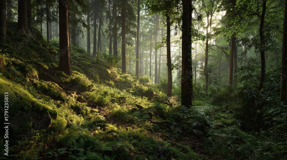 Fototapeta premium Harmony with Nature — Sun Rays in a Dense Forest