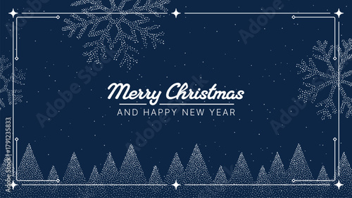 Merry Christmas and Happy New Year message on dark blue background with snowflakes and snowy trees for holiday greeting card.