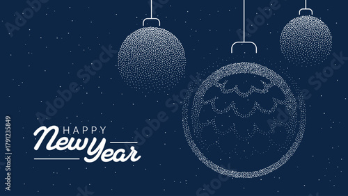 Happy New Year greeting card with dotted christmas ball ornament design. Festive vector illustration for holiday season and winter celebration.