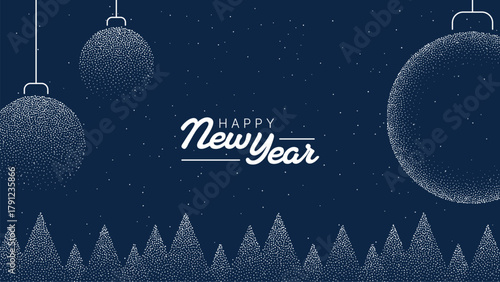Happy New Year lettering with christmas tree and festive bauble ornament on dark background festive vector graphic design for postcard and greeting card.