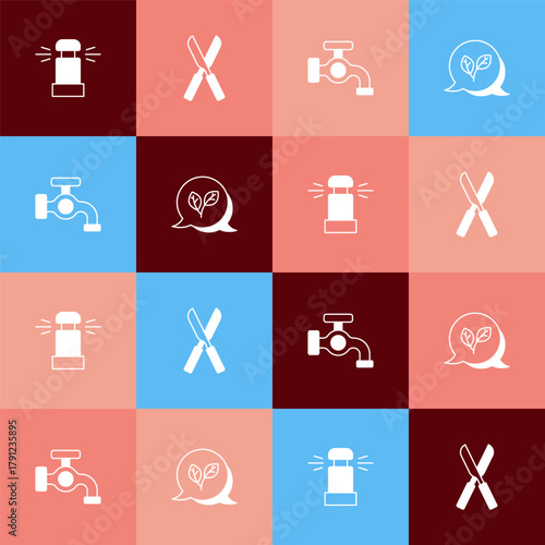 Set pop art Automatic irrigation sprinklers, Gardening scissors, Water tap and Leaf icon. Vector