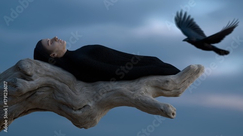 Surreal, atmospheric image of a lone figure in black fabric, resting on a piece of driftwood against a misty blue sky with a flying crow.