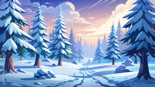 Very beautiful frosty winter landscape in a snowy forest with tall fir trees covered in white snow, creating a peaceful Christmas background and serene seasonal atmosphere.