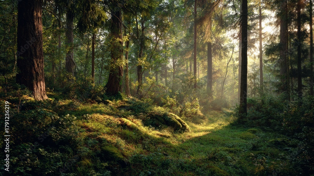 Obraz premium Harmony with Nature — Sun Rays in a Dense Forest