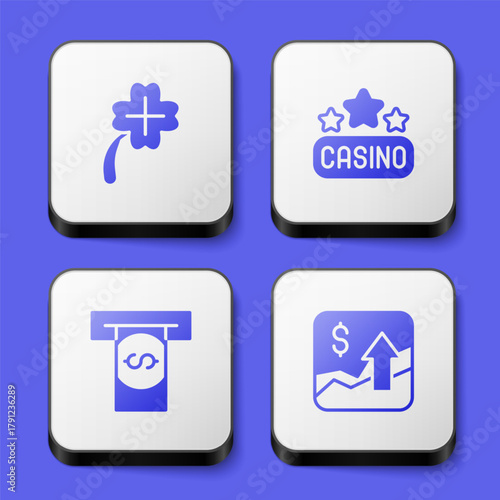 Set Casino slot machine with clover, signboard, Automated teller and money and Financial growth increase icon. White square button. Vector